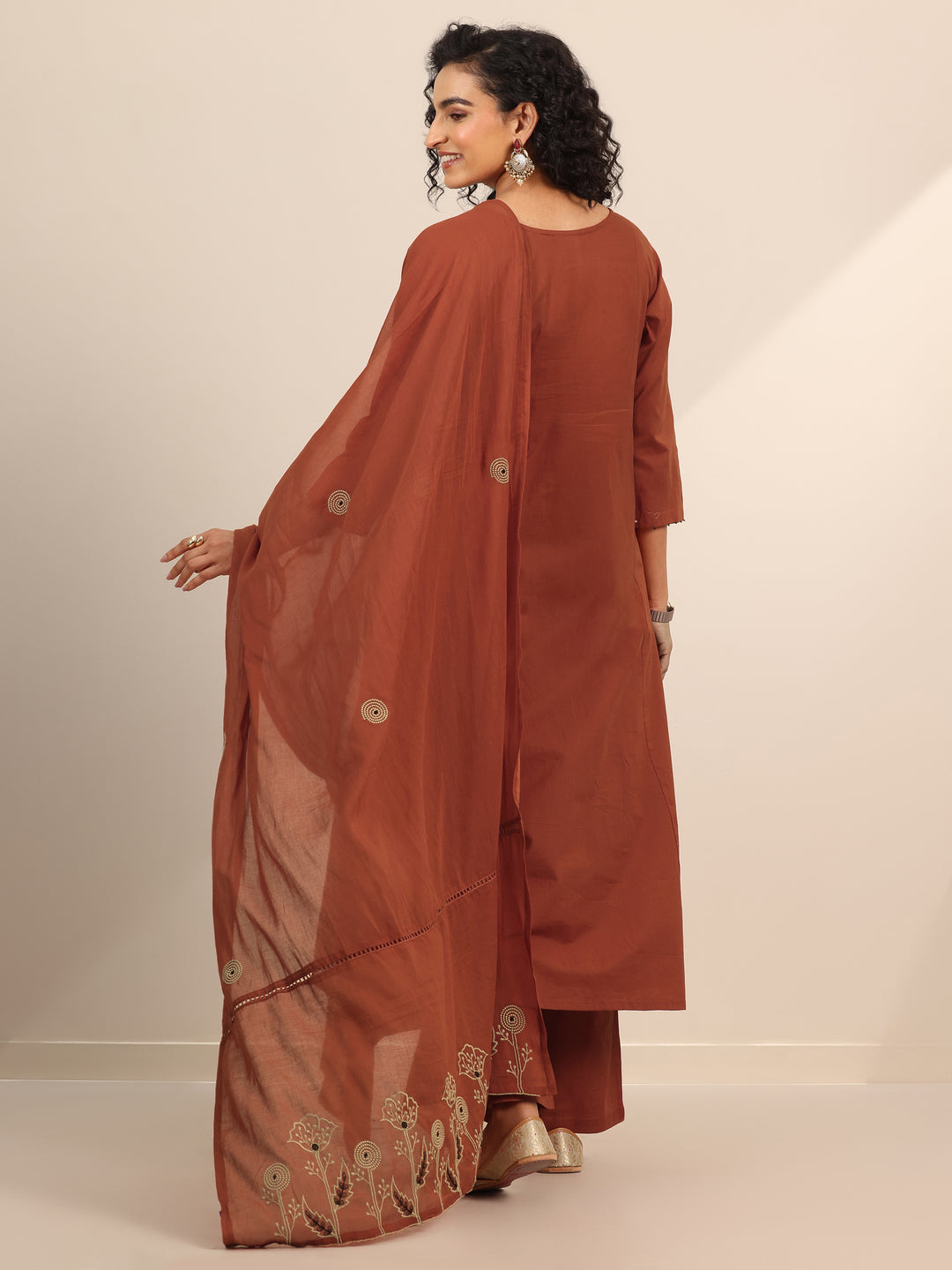 Rust Embroidered Cotton Blend Anarkali Suit Set With Dupatta