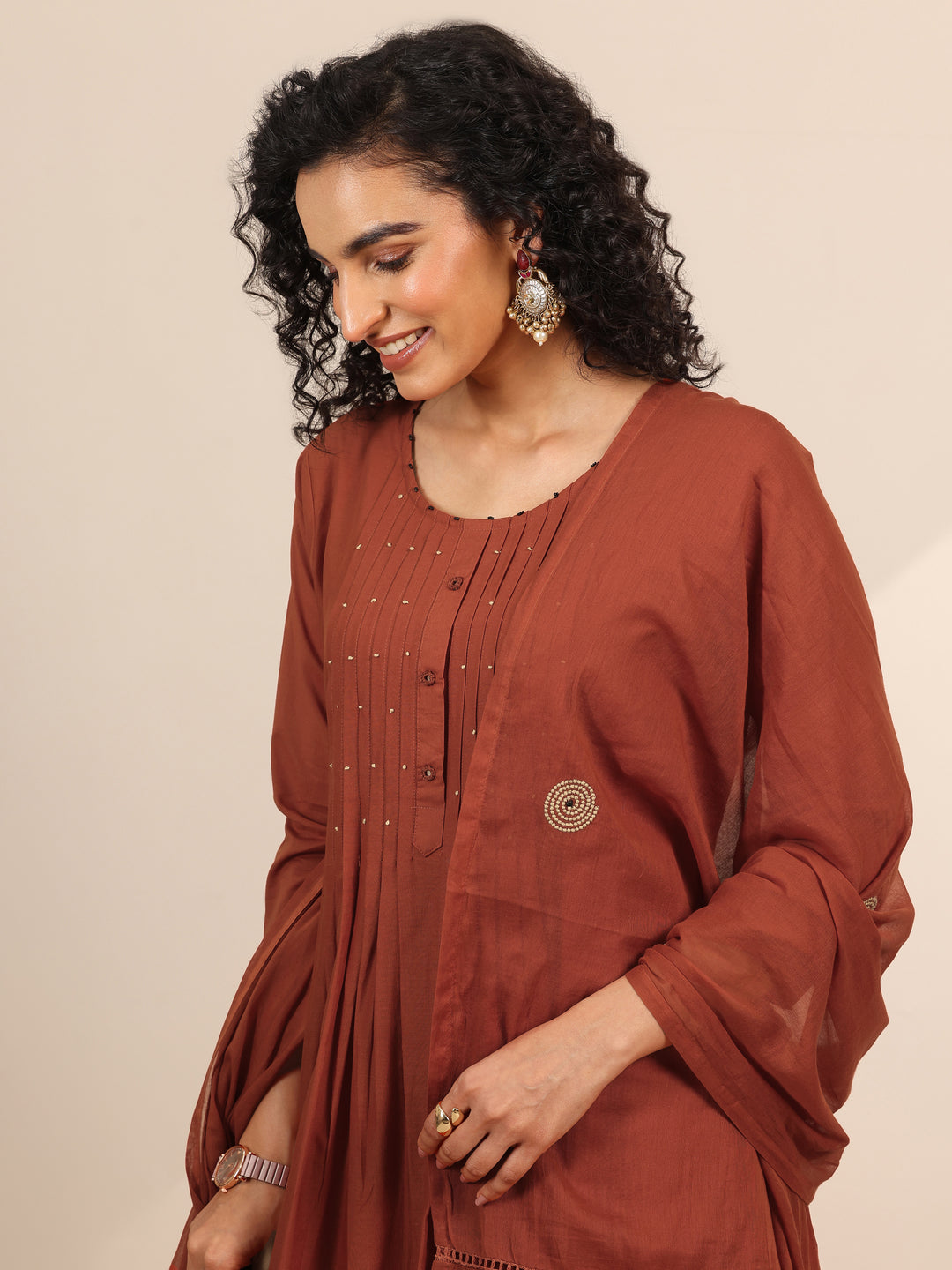 Rust Embroidered Cotton Blend Anarkali Suit Set With Dupatta