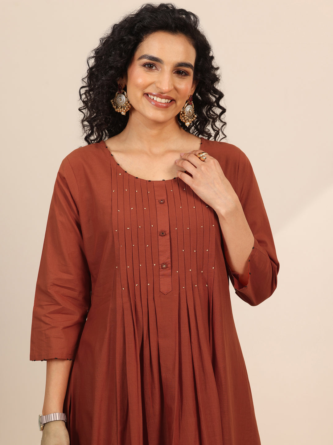 Rust Embroidered Cotton Blend Anarkali Suit Set With Dupatta