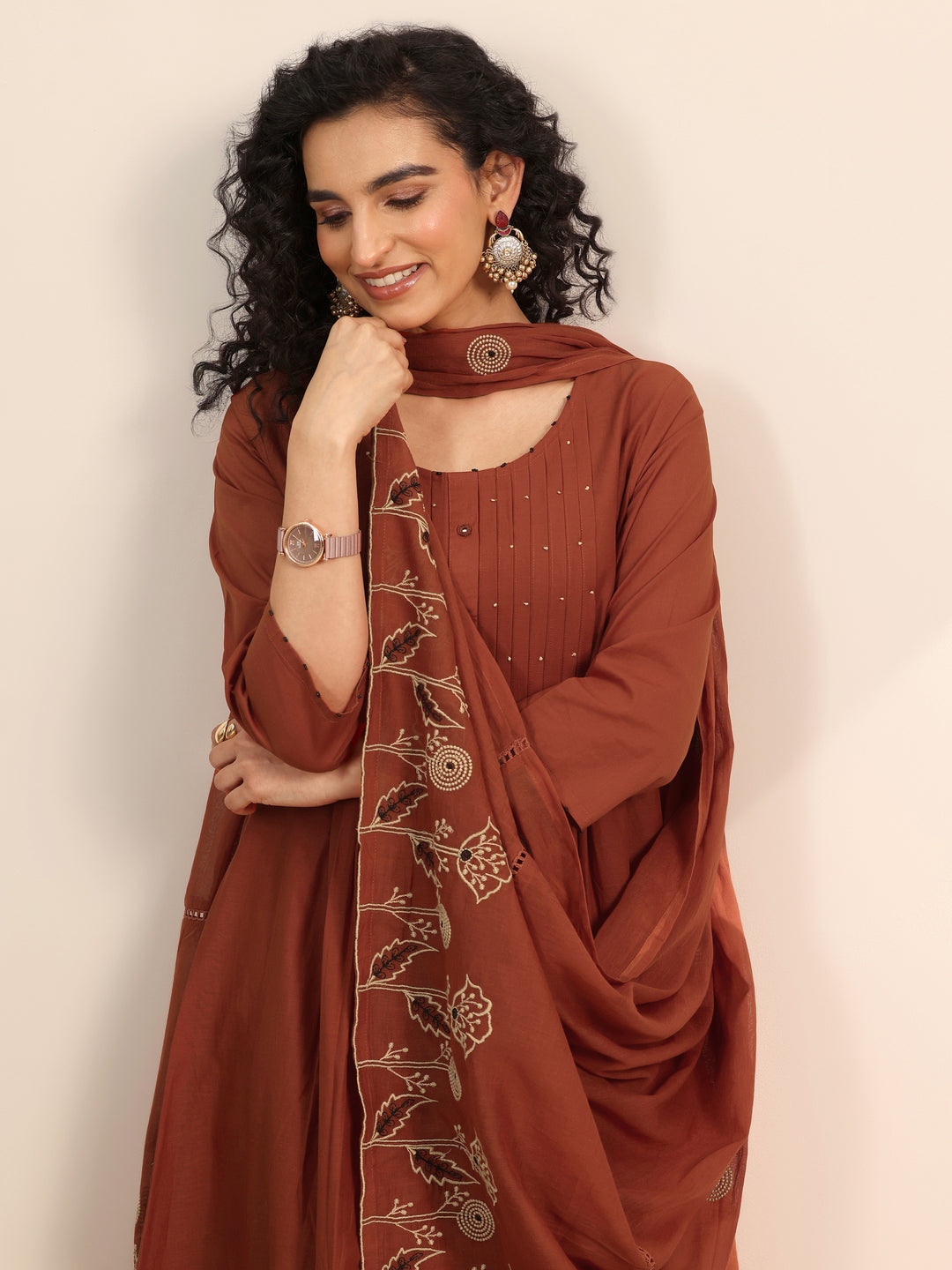 Rust Embroidered Cotton Blend Anarkali Suit Set With Dupatta