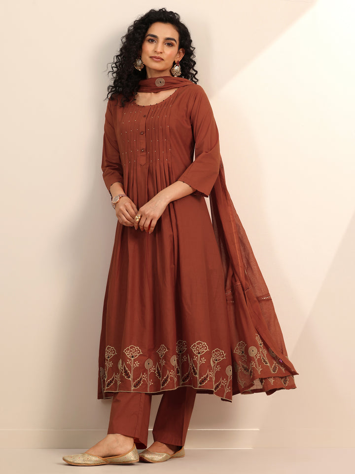 Rust Embroidered Cotton Blend Anarkali Suit Set With Dupatta