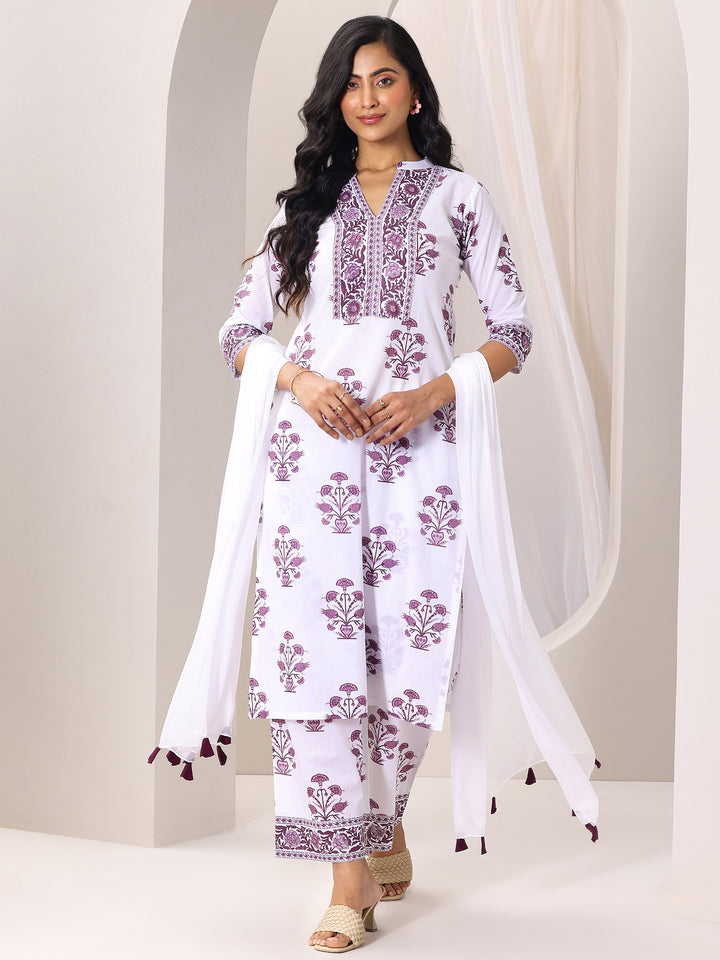 White Printed Cotton Blend Straight Suit Set With Dupatta