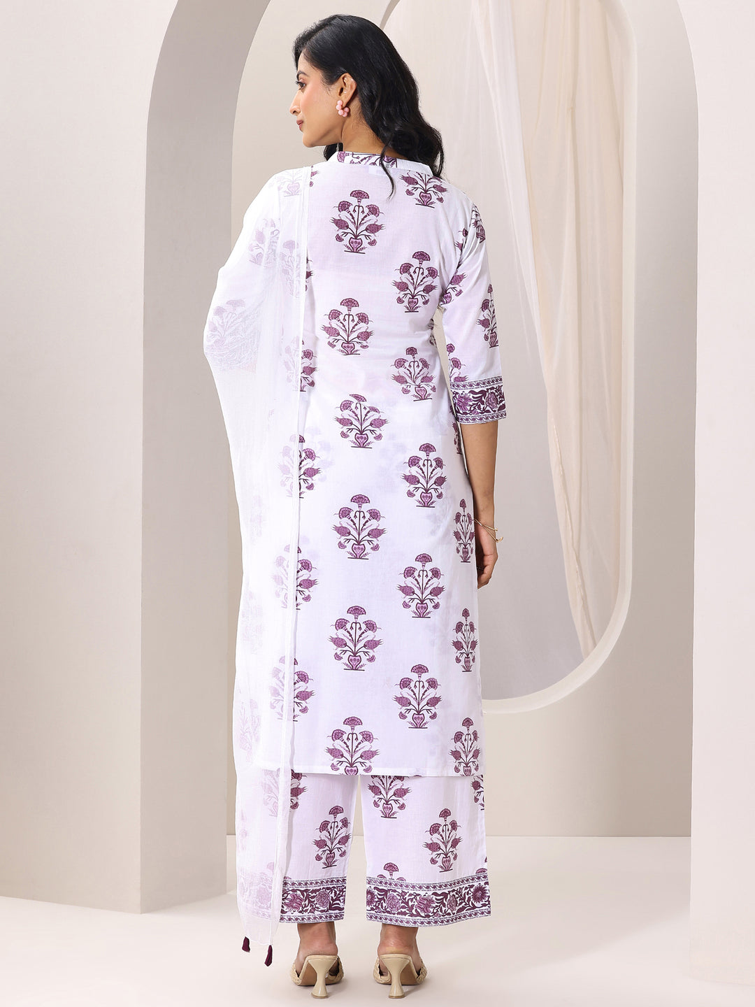 White Printed Cotton Blend Straight Suit Set With Dupatta