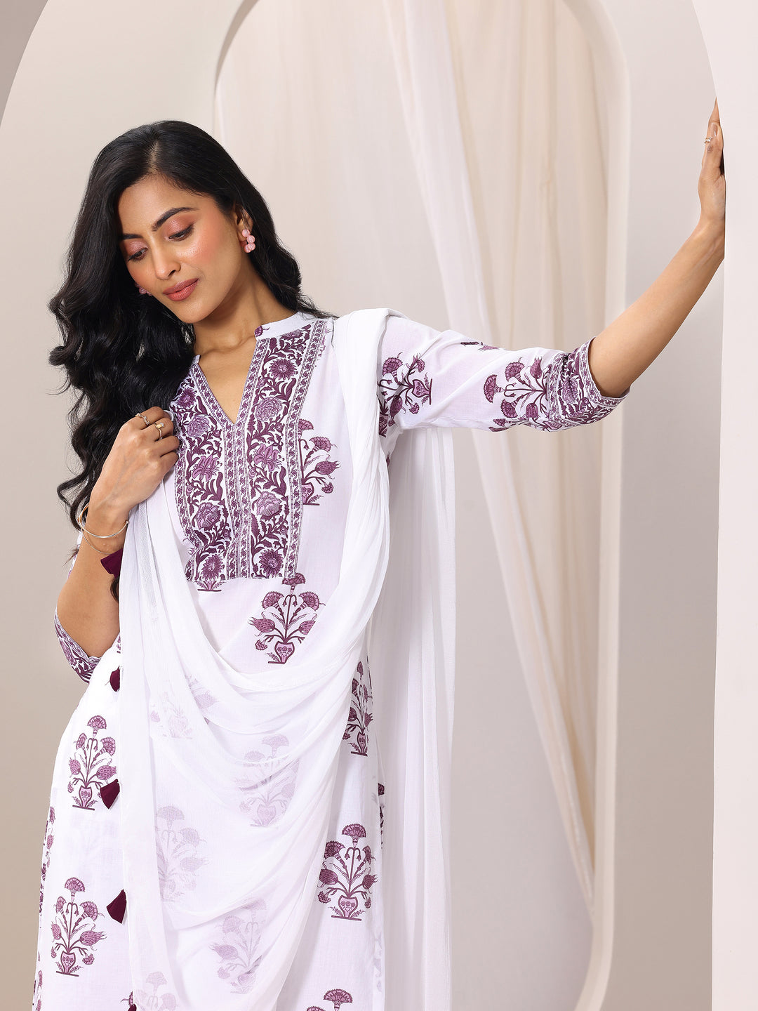 White Printed Cotton Blend Straight Suit Set With Dupatta