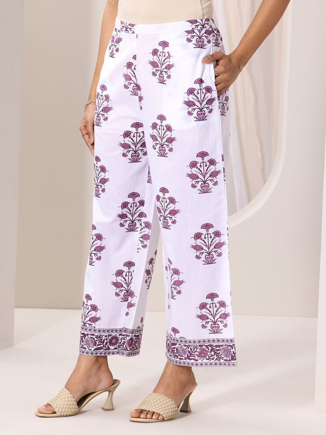White Printed Cotton Blend Straight Suit Set With Dupatta