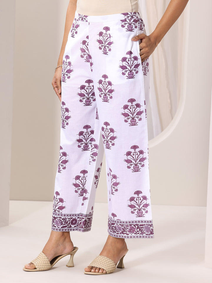 White Printed Cotton Blend Straight Suit Set With Dupatta