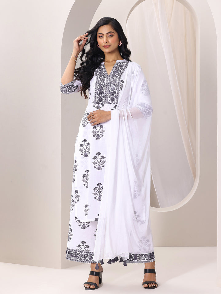 White Printed Cotton Blend Straight Suit Set With Dupatta