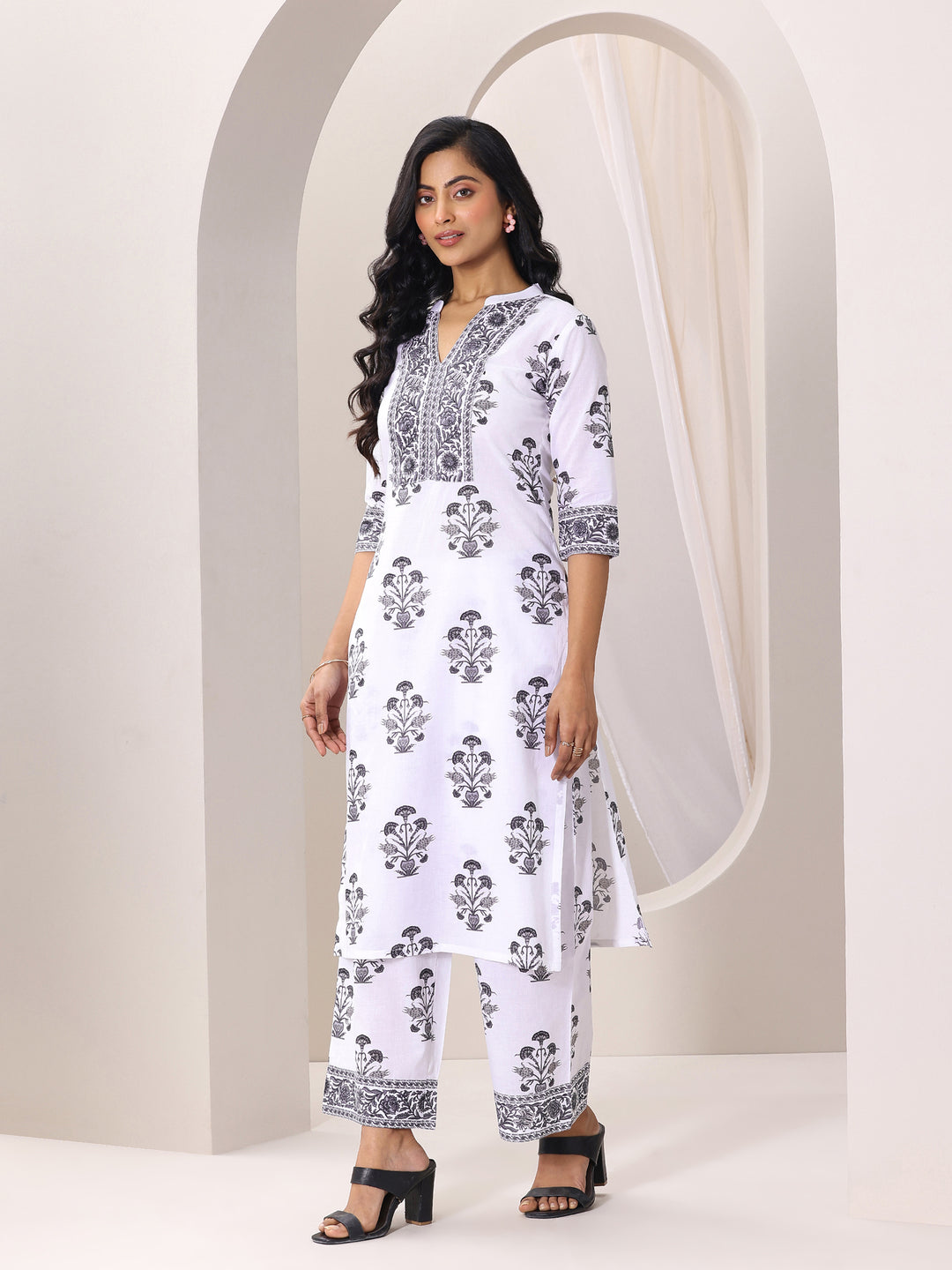 White Printed Cotton Blend Straight Suit Set With Dupatta