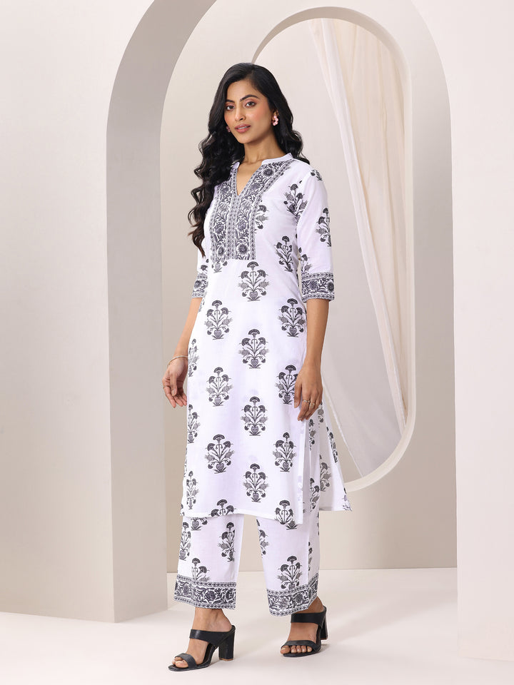 White Printed Cotton Blend Straight Suit Set With Dupatta