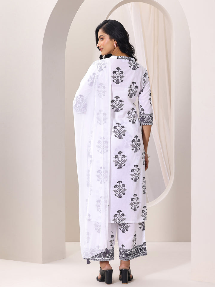 White Printed Cotton Blend Straight Suit Set With Dupatta