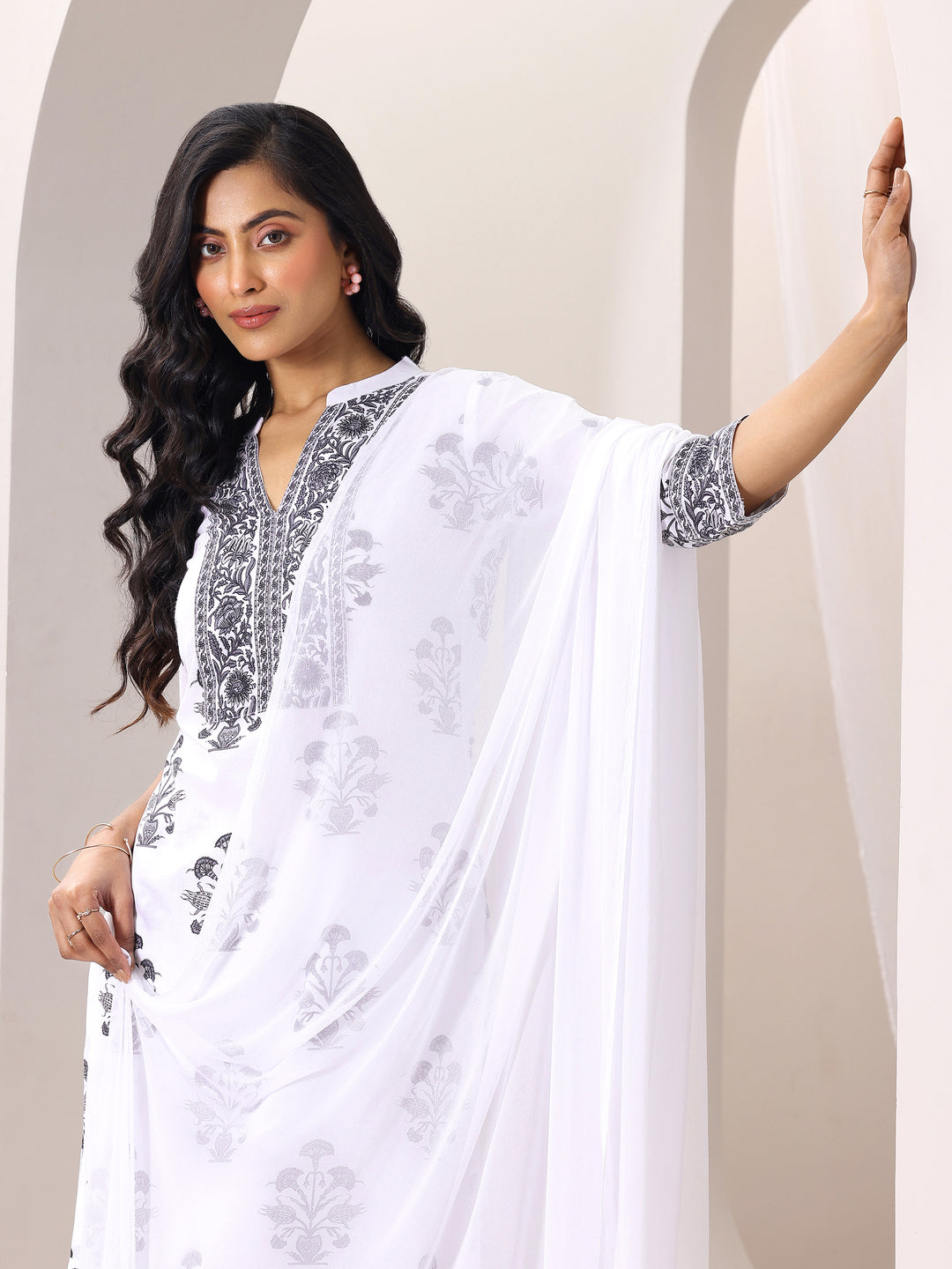 White Printed Cotton Blend Straight Suit Set With Dupatta