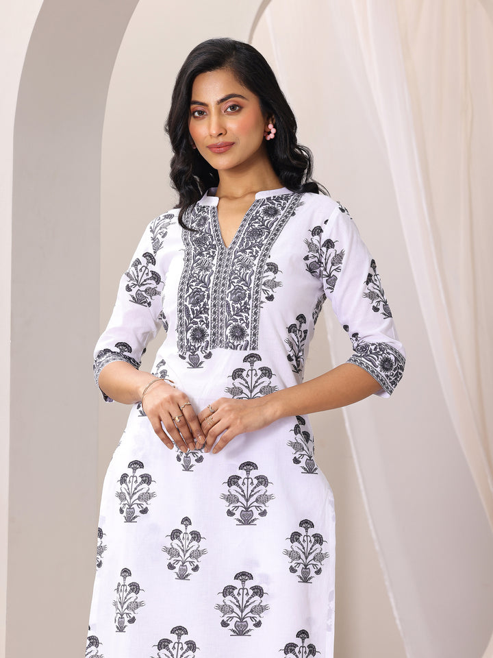 White Printed Cotton Blend Straight Suit Set With Dupatta