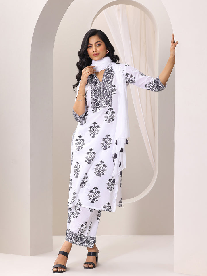White Printed Cotton Blend Straight Suit Set With Dupatta