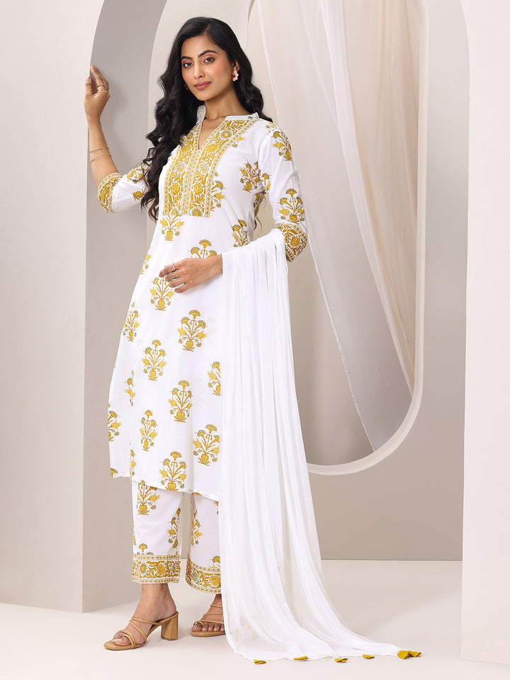 White Printed Cotton Blend Straight Suit Set With Dupatta
