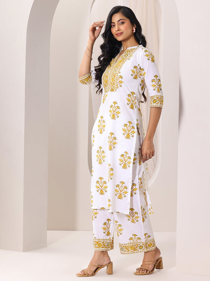 White Printed Cotton Blend Straight Suit Set With Dupatta