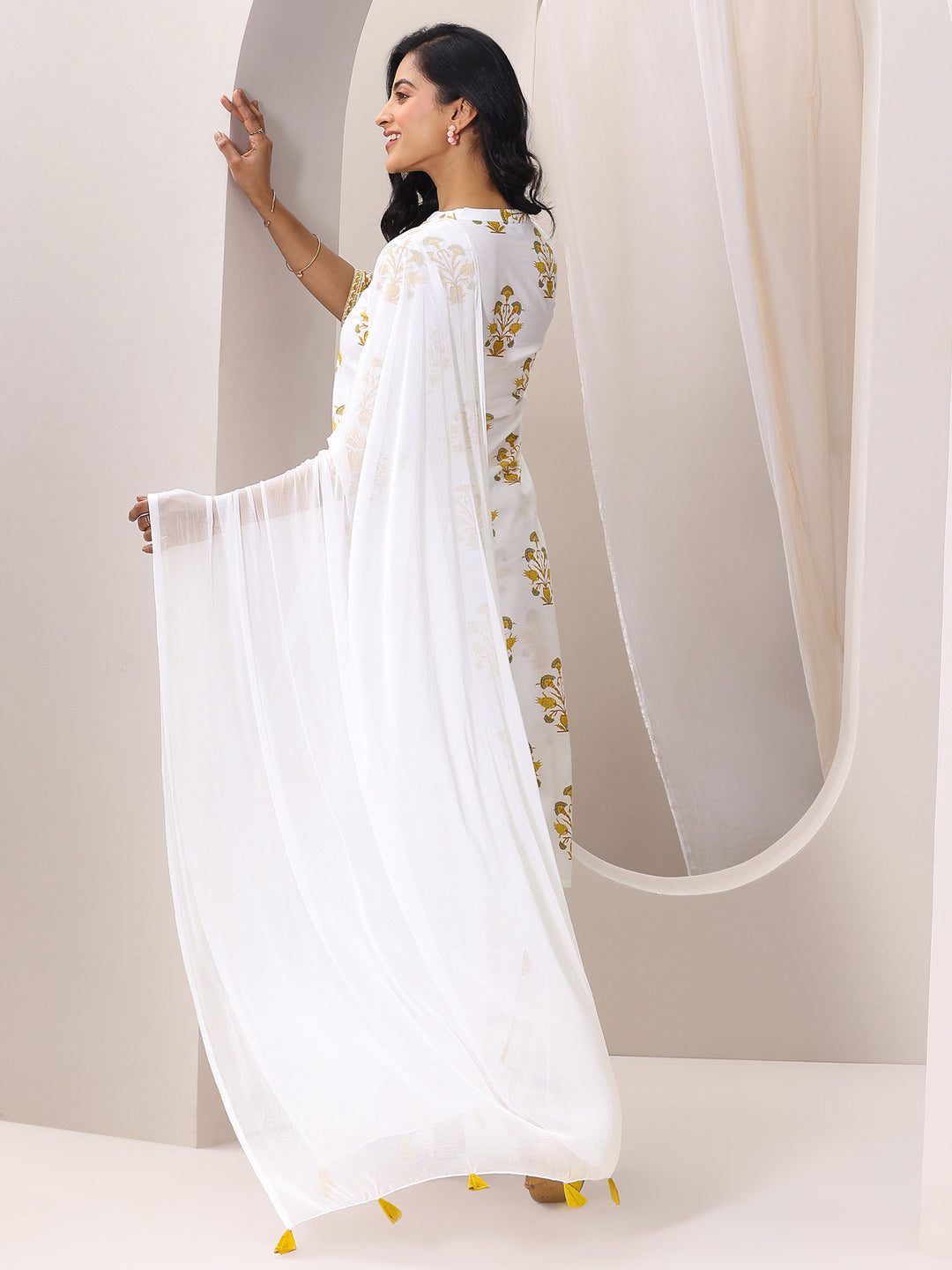 White Printed Cotton Blend Straight Suit Set With Dupatta