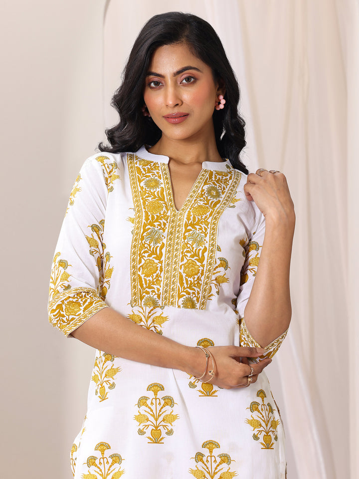 White Printed Cotton Blend Straight Suit Set With Dupatta