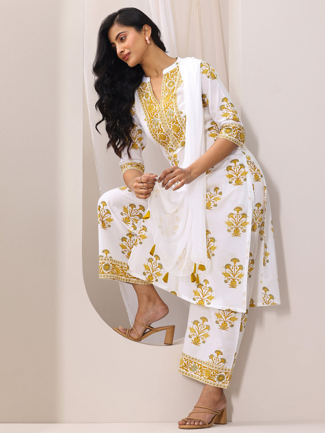 White Printed Cotton Blend Straight Suit Set With Dupatta