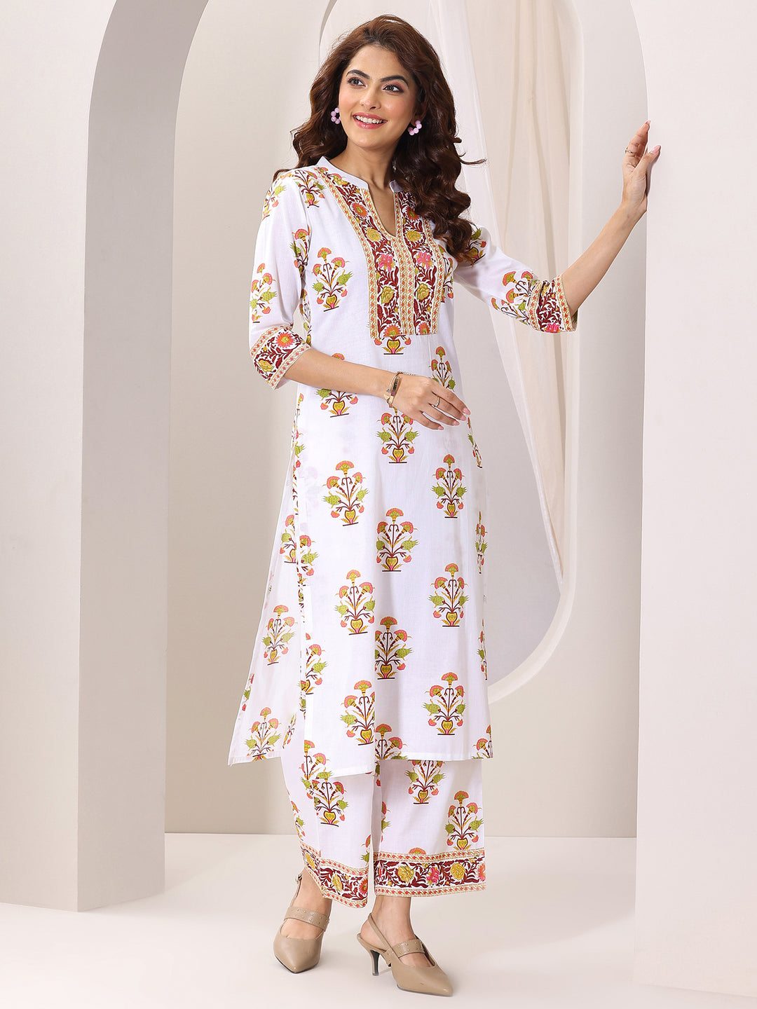White Printed Cotton Blend Straight Suit Set With Dupatta