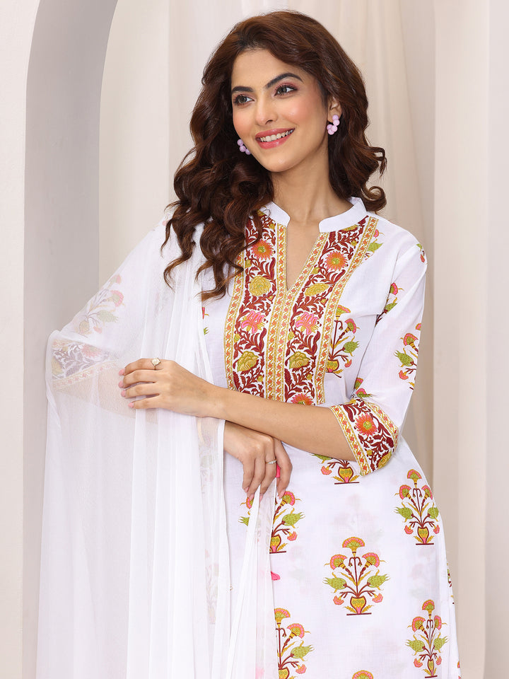 White Printed Cotton Blend Straight Suit Set With Dupatta