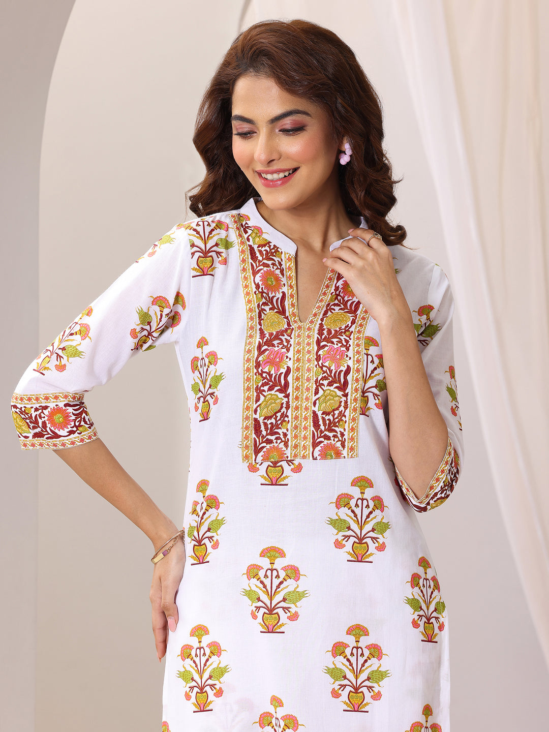 White Printed Cotton Blend Straight Suit Set With Dupatta