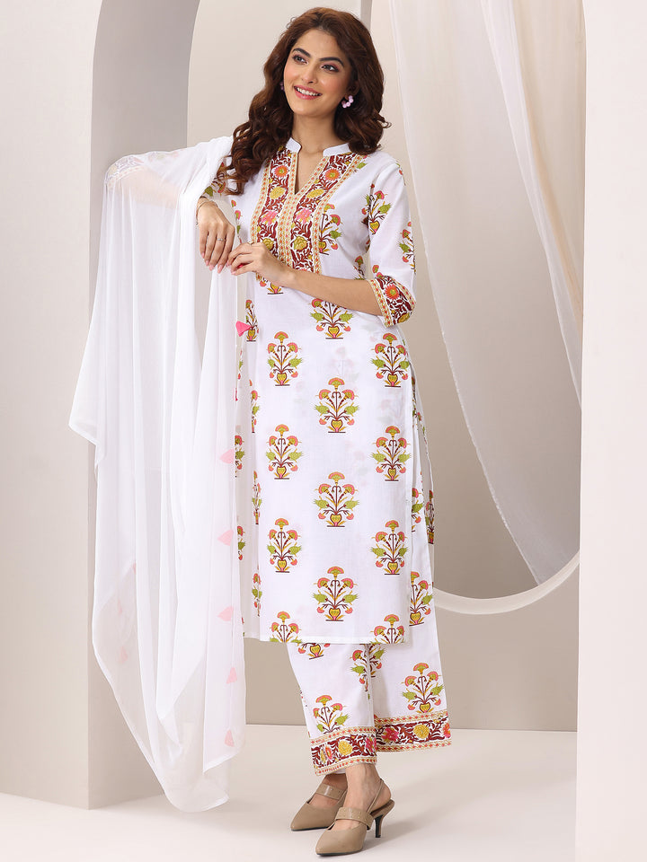 White Printed Cotton Blend Straight Suit Set With Dupatta