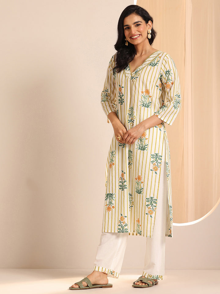 Off White Printed Cotton Straight Suit Sets With Dupatta