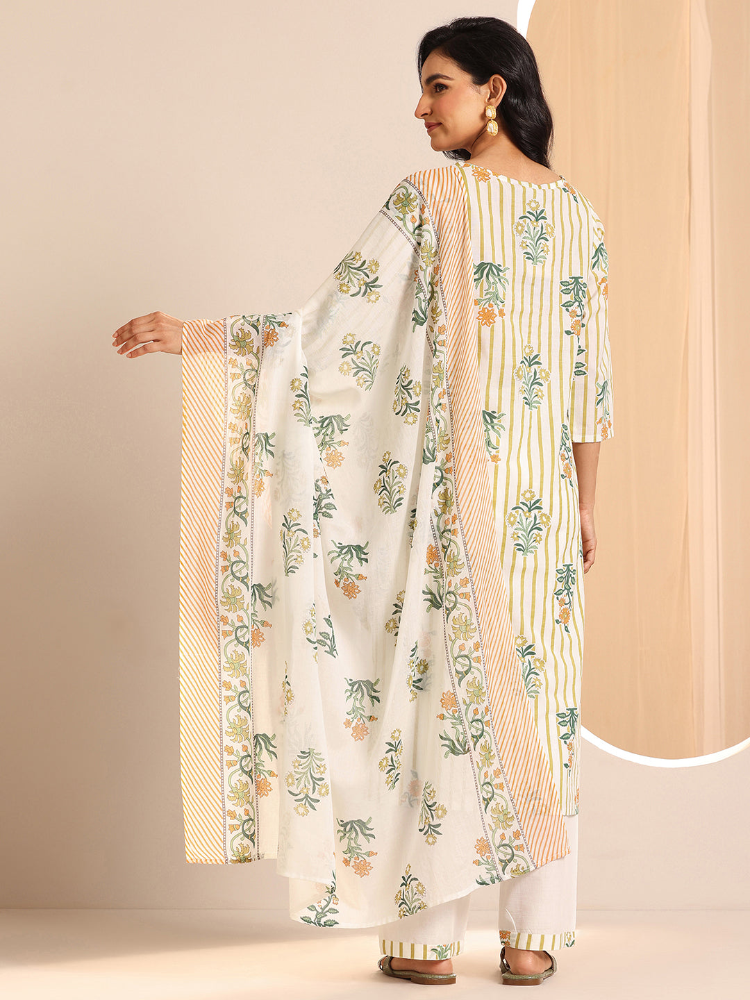 Off White Printed Cotton Straight Suit Sets With Dupatta