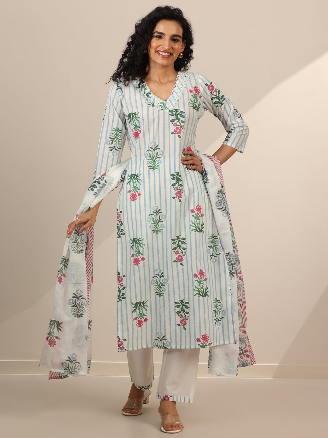 Off White Printed Cotton Straight Suit Sets With Dupatta