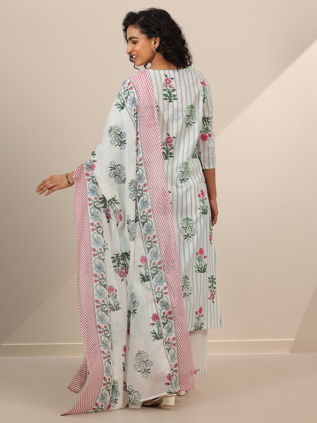 Off White Printed Cotton Straight Suit Sets With Dupatta