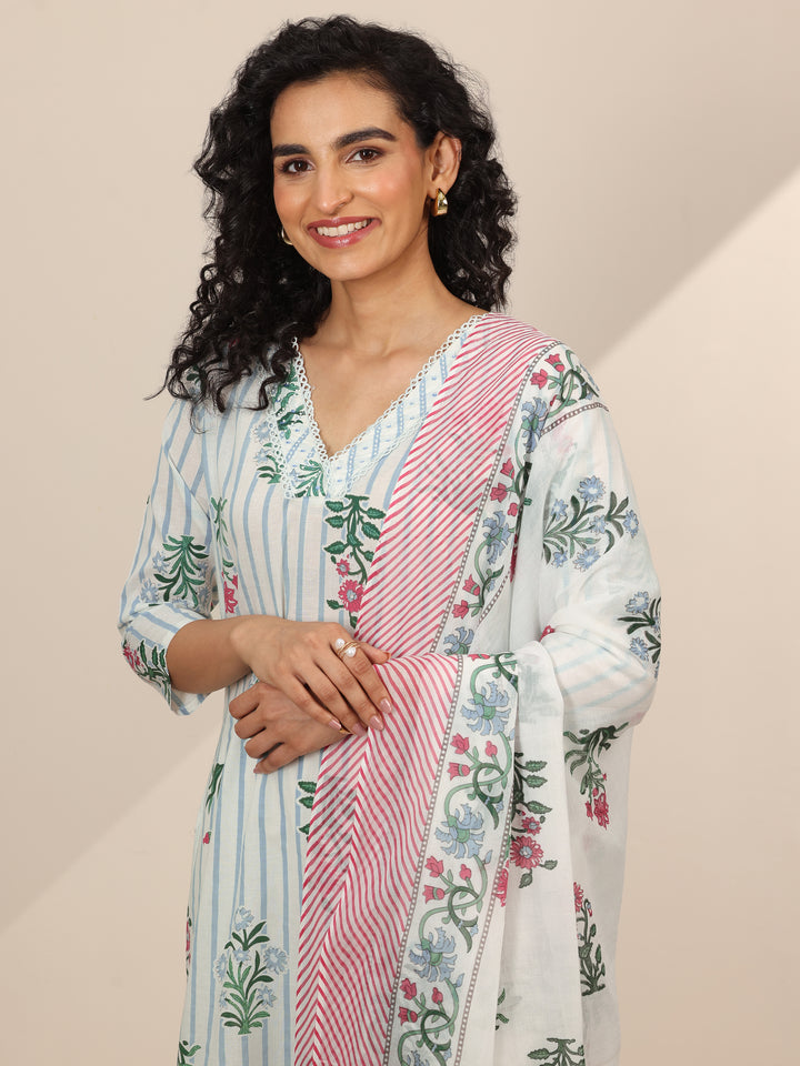 Off White Printed Cotton Straight Suit Sets With Dupatta