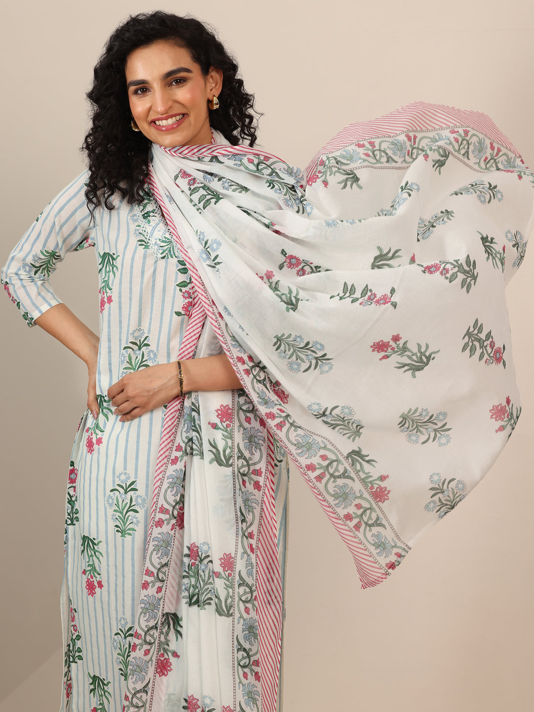 Off White Printed Cotton Straight Suit Sets With Dupatta