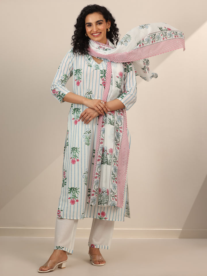 Off White Printed Cotton Straight Suit Sets With Dupatta