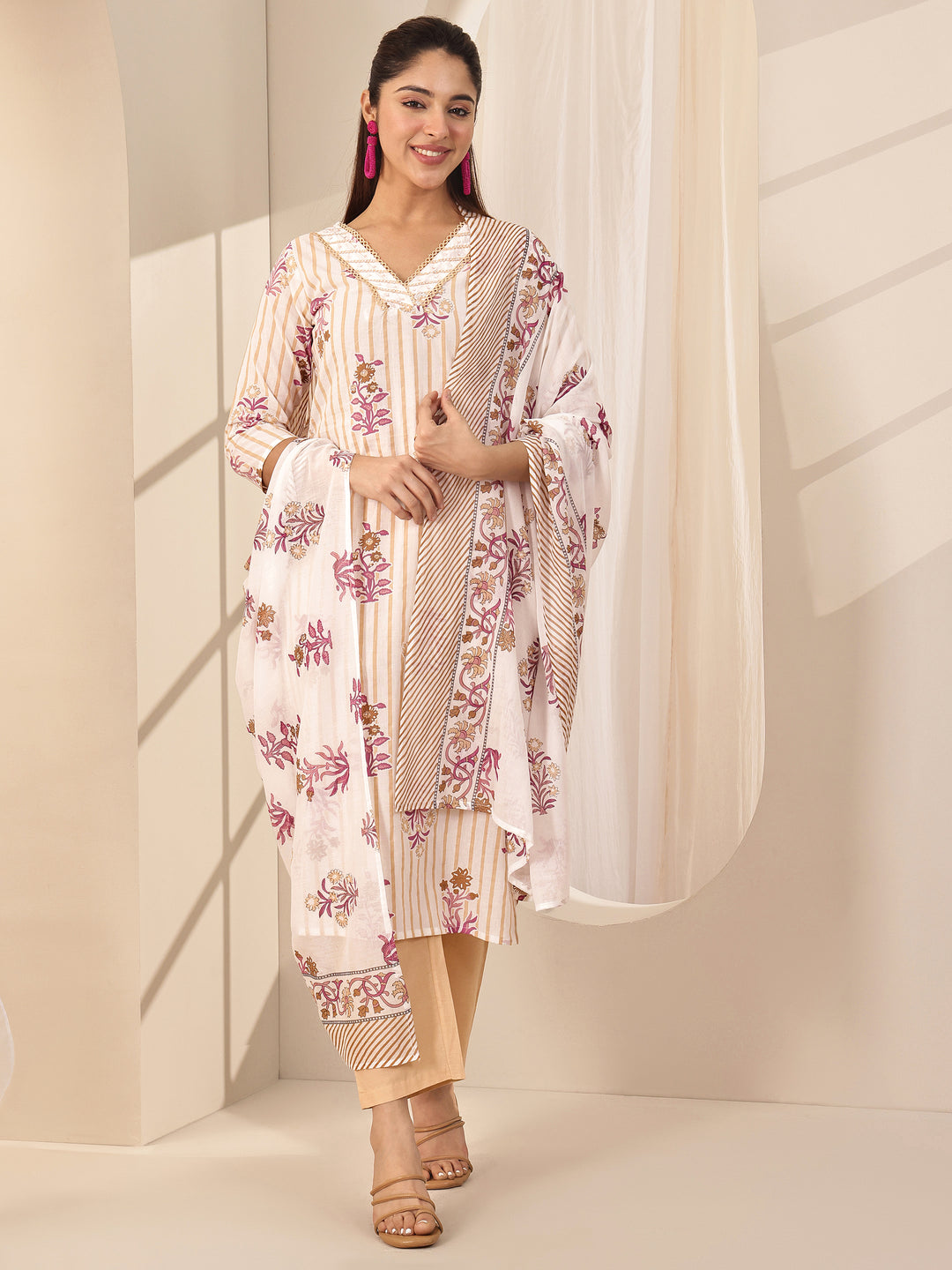Off White Printed Cotton Straight Suit Sets With Dupatta