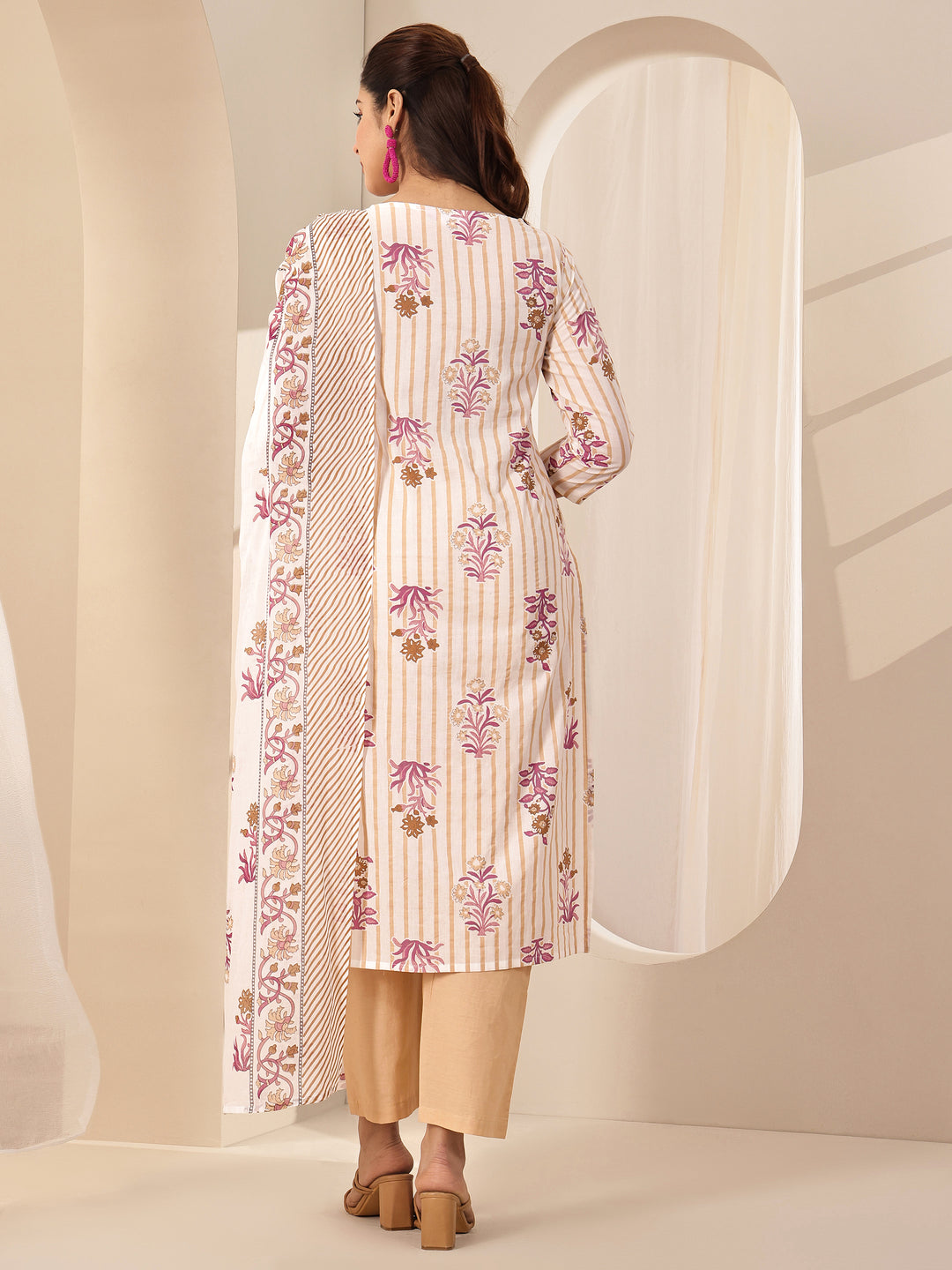 Off White Printed Cotton Straight Suit Sets With Dupatta