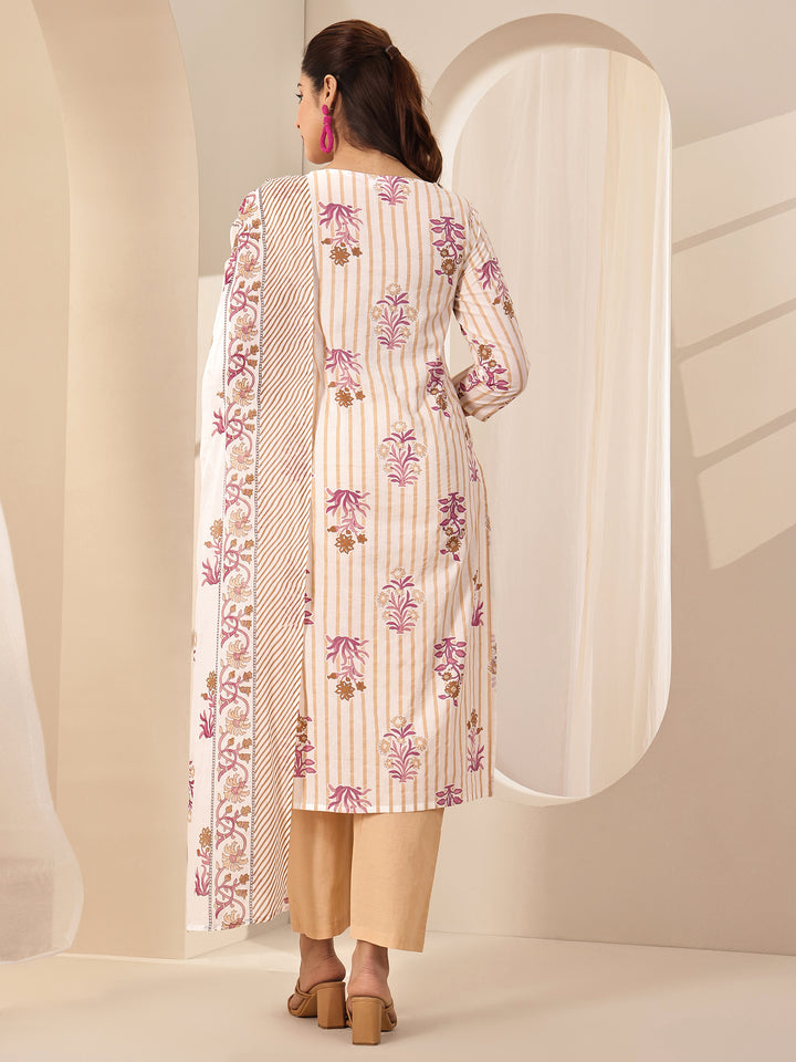 Off White Printed Cotton Straight Suit Sets With Dupatta