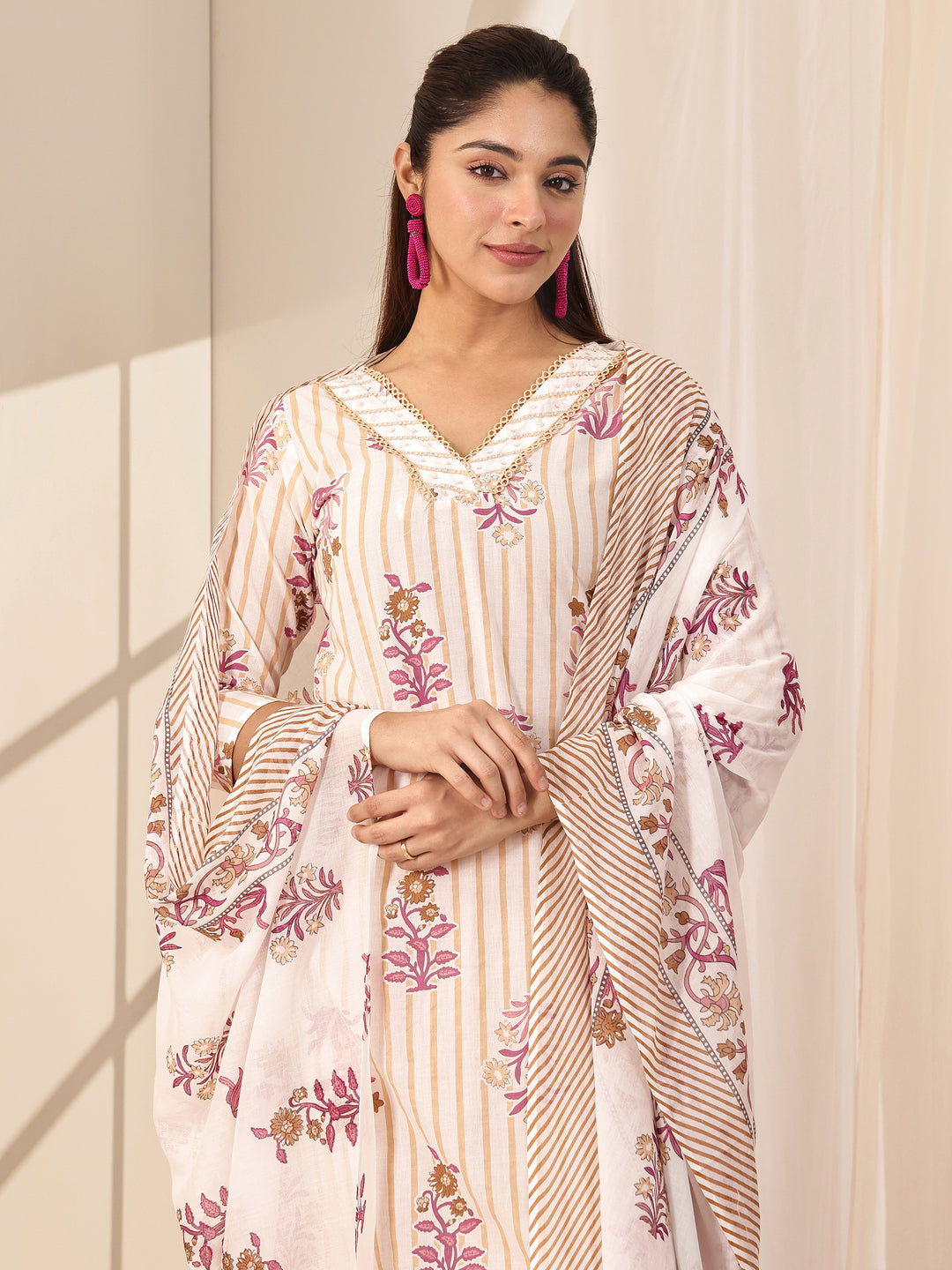 Off White Printed Cotton Straight Suit Sets With Dupatta