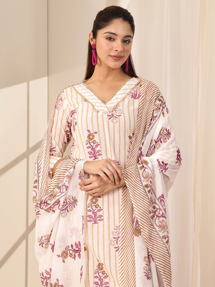 Off White Printed Cotton Straight Suit Sets With Dupatta