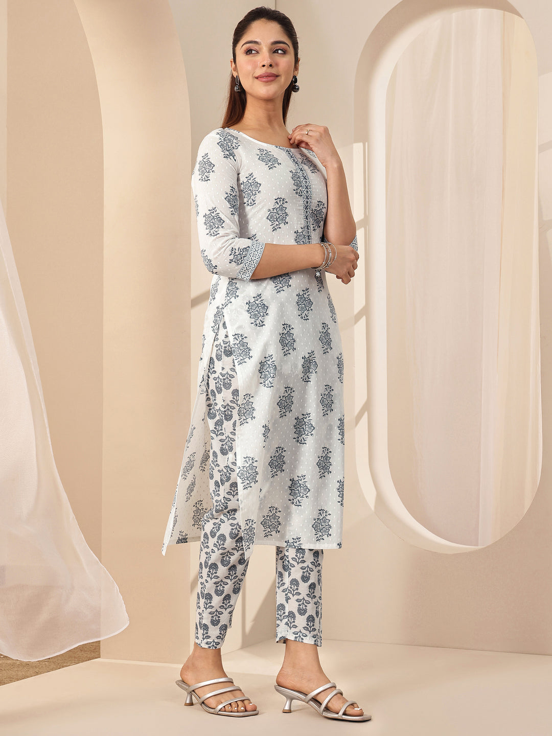 Off White Printed Cotton Straight Suit Sets With Dupatta