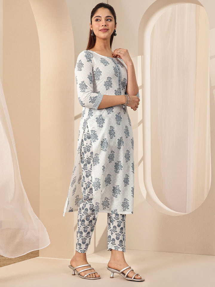 Off White Printed Cotton Straight Suit Sets With Dupatta