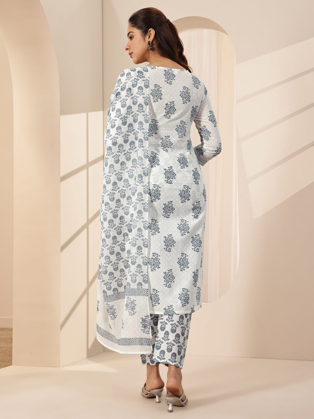 Off White Printed Cotton Straight Suit Sets With Dupatta