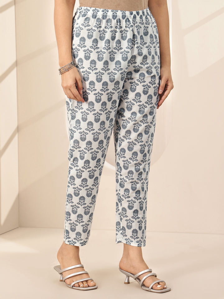 Off White Printed Cotton Straight Suit Sets With Dupatta