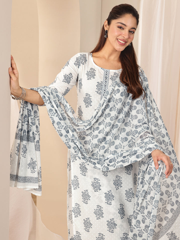 Off White Printed Cotton Straight Suit Sets With Dupatta