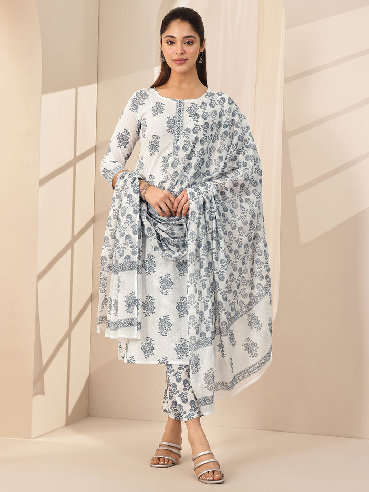 Off White Printed Cotton Straight Suit Sets With Dupatta