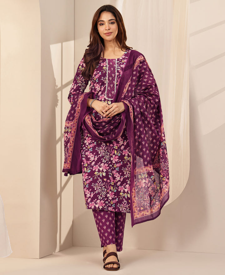 Wine Printed Cotton Straight Suit Sets With Dupatta