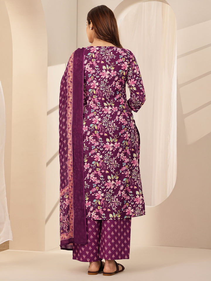 Wine Printed Cotton Straight Suit Sets With Dupatta