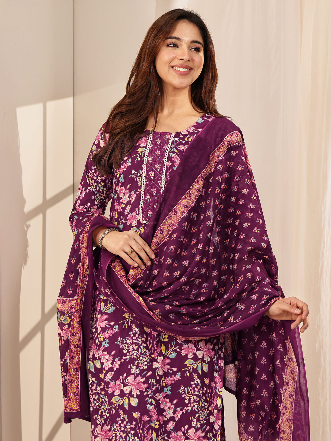 Wine Printed Cotton Straight Suit Sets With Dupatta
