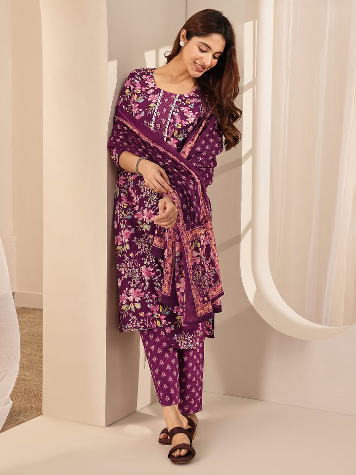 Wine Printed Cotton Straight Suit Sets With Dupatta