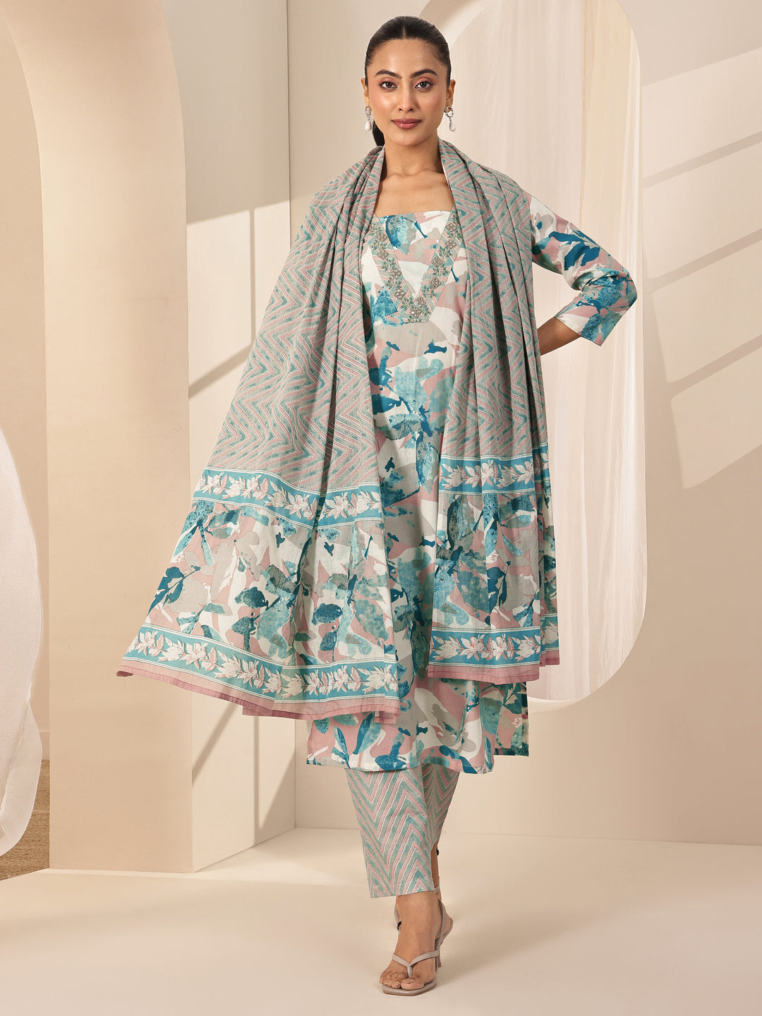 Off White Printed Cotton Straight Suit Sets With Dupatta