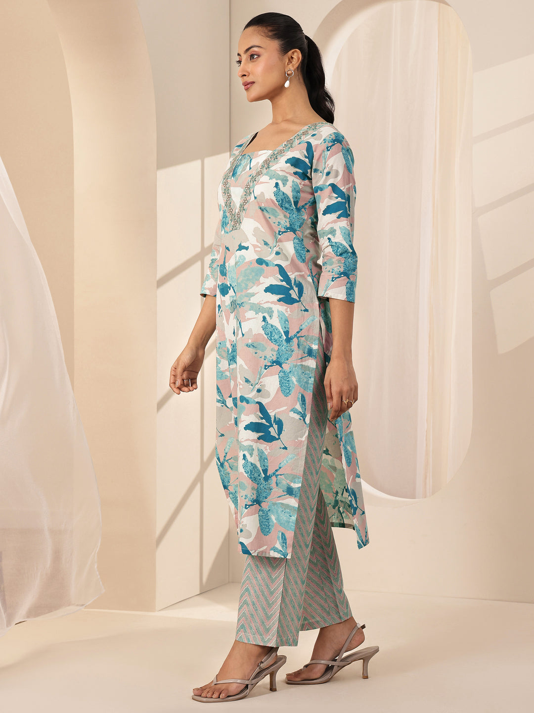 Off White Printed Cotton Straight Suit Sets With Dupatta
